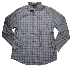 Murano Non-Iron Slim Fit Gray Plaid Gingham Button Down Dress Shirt Long Sleeve